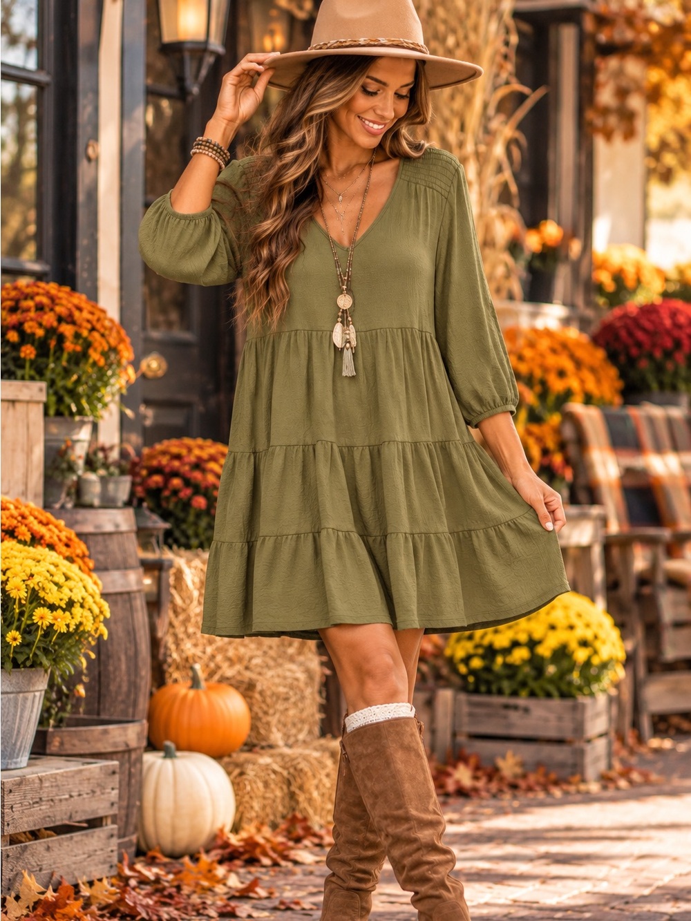 Berkley Jensen Olive Green Tiered Boho Dress Size XL V-Neck 3/4 Sleeve